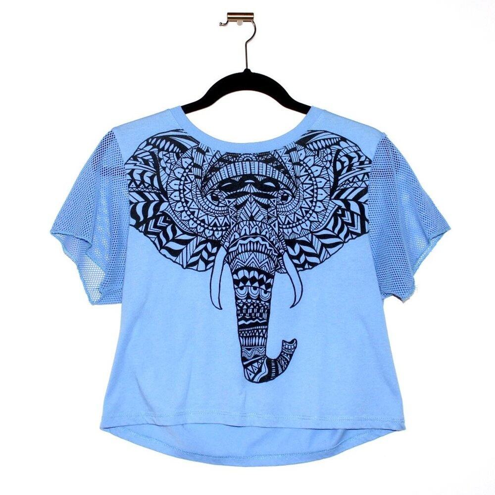 Elephant Design Blue Crop Top Short Sleeve Large